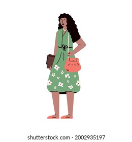 Cute young woman with curly black hair and bags - student or working woman character, flat cartoon vector illustration in sketch style isolated on white background.