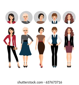 Cute young woman in different style clothes with face avatar icons vector set