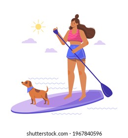 Cute young woman with a dog standing on a board with a paddle on the background of the sea and the sun. Sup with a dog. Summer outdoor activity. Vector cartoon illustration on a white background