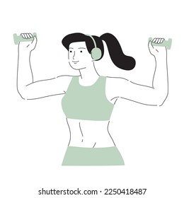 Cute young woman doing exercises with dumbbells. Healthy lifestyle concept. Hand drawn vector cartoon style illustration 