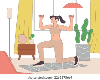 Cute young woman doing exercises with dumbbells at home. Healthy lifestyle concept. Hand drawn vector cartoon style illustration 