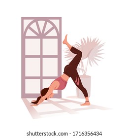 Cute young woman doing yoga posture. Girl performing aerobics exercise and morning meditation, relaxation at home. Physical and spiritual practice. Flat cartoon vector illustration on white background