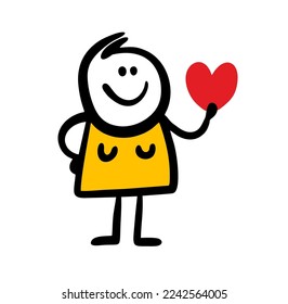 Cute young woman in doodle style smiles and holds the red heart. Vector romantic illustration for valentines day.