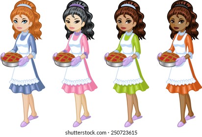 Cute young woman in dress and apron holding homemade cake Asian Caucasian African American and Indonesian vector illustration cartoon style isolated