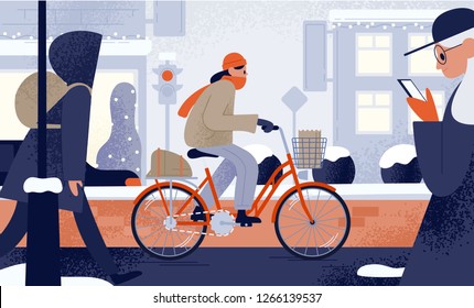 Cute young woman dressed in outerwear riding bicycle in winter. Girl cycling along snowy city street in cold weather. Seasonal outdoor activity. Colorful vector illustration in flat cartoon style.