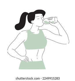 Cute young woman drinking water after workout exercising. Healthy lifestyle concept. Hand drawn vector cartoon style illustration 
