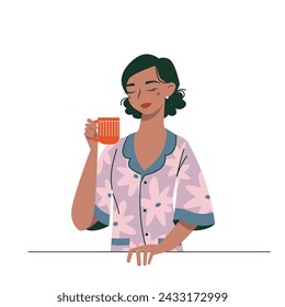 Cute young woman drinks beverage with pleasure. Nice girl in pajamas with a cup of coffee isolated on a white background.