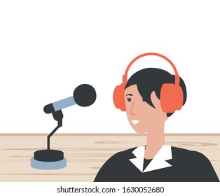 cute young woman with earphones and microphone vector illustration design