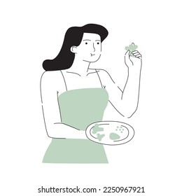 Cute young woman eating healthy food. Healthy lifestyle concept. Hand drawn vector cartoon style illustration 