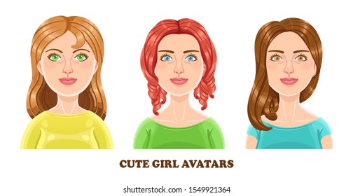 Cute young woman face portraits, Head girl avatar set cartoon vector