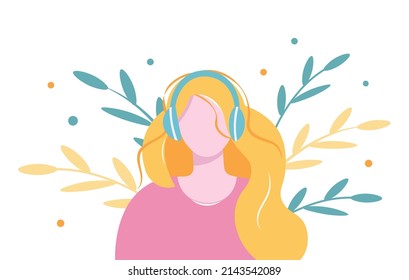 Cute young woman - flat character in headphones listens to her favorite music. Enjoy listening to music concept. Vector isolated illustration with a girl in a pink blouse.