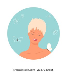 Cute young woman with flower, on blue background. Cartoon flat style. Vector illustration
