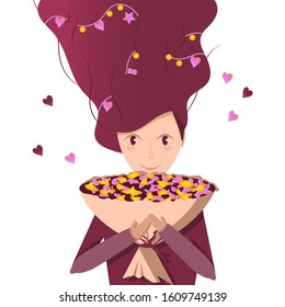 Cute young woman or girl with bouquet in her hands. Long hair and garland of hearts. Romantic mood. Love present for St. Valentine's Day. Flat cartoon isolated vector. Postcard design with lovely lady