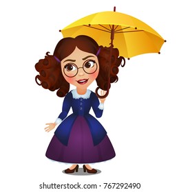Cute young woman in glasses with yellow umbrella smiling isolated on white background. Sketch of festive poster, party invitation, card. Vector cartoon close-up illustration.