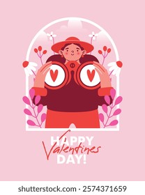 Cute young woman in hat holding big binocular among plants, leaf and berries. Funny card to Saint Valentine's Day. Flat naive style. Modern vector illustration with cartoon female person in love.	