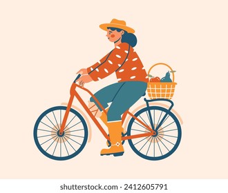 Cute young woman in hat rides a bicycle with basket full of fruits. Cartoon clip art with abstract person, young girl, vehicle, bike for card, banner, sticker. Cottagecore, summer aesthetic.