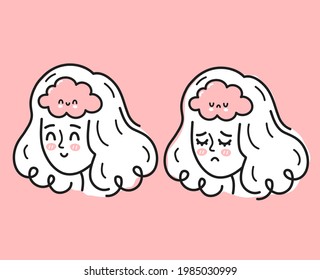 Cute young woman head with sad and happy brain inside. Good and bad mood, mental, emotional condition concept. Vector cartoon character illustration icon. Bipolar disorder girl, depression concept