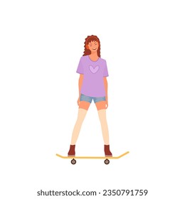 Cute young woman in headphones riding skateboard. Girl listens to music. Cartoon flat style. Vector illustration
