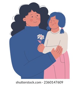 Jovencita linda con su hija o hijastra. Niña pequeña le da una flor a su madre. Ilustración aislada de vectores para el diseño.