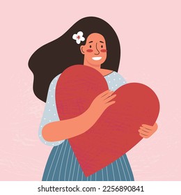 Cute young woman is holding a big red heart in her hands. Colorful flat vector illustration for Valentine's day, mother's Day, symbol of love. Self help and peace concept. Feeling self love, care