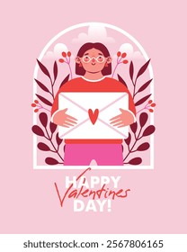 Cute young woman holding big envelope with love letter among plants, leaf and berries. Card to Saint Valentine's Day. Flat Design. Modern vector illustration with female person in love. 