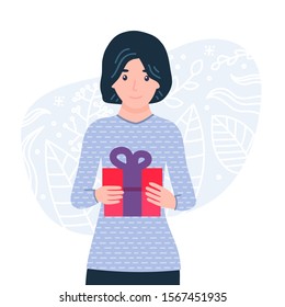 Cute young woman holds a gift in her hands. Beautiful female personage making surprise, giving wrapped gift box. Celebration isolated concept vector illustration in cartoon flat style