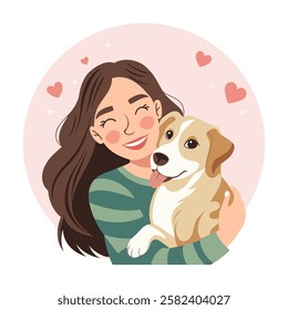 Cute young woman hugging dog. Pet owner. Dog lover. Flat style illustration.