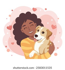 Cute young woman hugging dog. Pet owner. Dog lover. Flat style illustration.