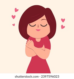 A cute young woman hugging herself. Love yourself. Taking care of yourself, accepting yourself. Vector illustration.