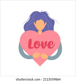 Cute young woman hugs pink heart with love. Trendy design for self love and care, Women's day, Valentine's day, body positive concept. Vector illustration