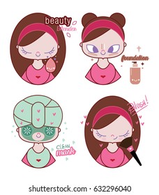Cute young woman illustration making up And taking care of your skin