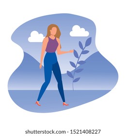 cute young woman in landscape avatar character vector illustration design