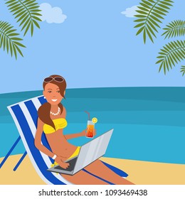 Cute young woman with laptop is sitting in a deckchair on the beach. She has a glass of cocktail in her hand. Vector illustration on the sea background.