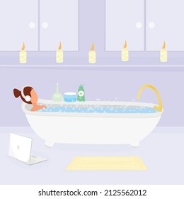 cute young woman listens to music on headphones via a laptop and takes a relaxing bath with foam and scented candles. Cartoon vector illustration