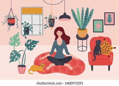 Cute young woman meditating at home with green plants. Childish print vector illustration