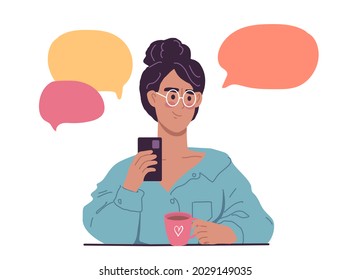 Cute young woman with mobile phone chatting white isolated
