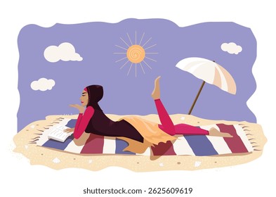 Cute young woman in Muslim swimsuit lies on the sandy beach with a book. Vector illustration.