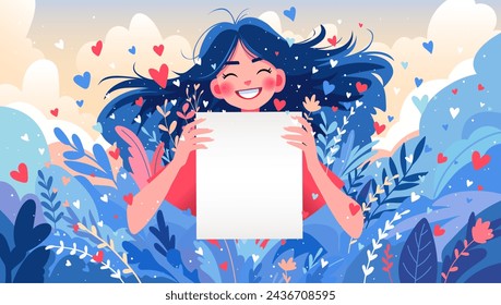 Cute young woman on a bright background with a blank poster in her hands for text.