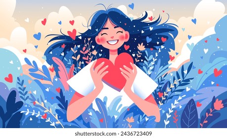 Cute young woman on a bright background with a huge heart in her hands.