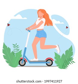 Cute young woman on electronic scooter. Girl is engaged in leisure activities on the street. Recreation. Vector illustration