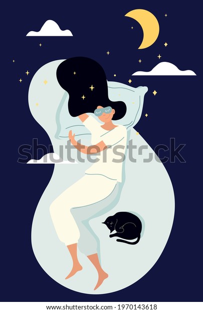 Cute young woman in pajamas\
and her black car sleeping in bed. Portrait of beautiful woman\
lying on comfortable bed in bedroom. Flat cartoon vector\
illustration