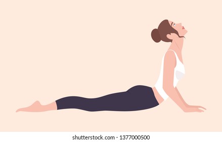 Cute young woman performing Hatha yoga exercise or backbend. Adorable female cartoon character standing in Cobra posture. Slim yogi girl isolated on light background. Flat vector illustration.