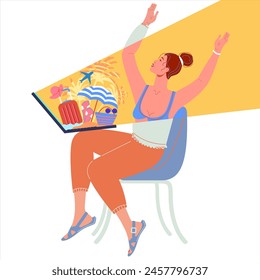 Mujer joven linda que planea el viaje y que compra paquete de vacaciones en línea usando el ordenador portátil. Ideas de Festiva para mujeres. Vacaciones virtuales. Ilustración plana de Vector aislada sobre fondo blanco.