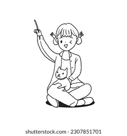 cute young woman play with cat, outline hand drawn style vector illustration