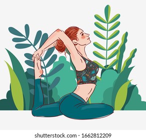 Cute, young woman practicing yoga in the garden. Summer landscape background