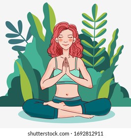 Cute, young woman practicing yoga in the garden. Summer landscape background