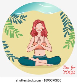 Cute, young woman practicing yoga. Summer landscape background