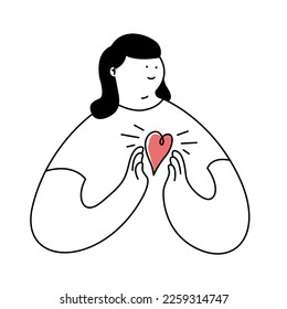 Cute young woman raising her hands to make a heart shape. Valentine's Day. Giving encouragement. Anniversary of lovers. Thin line doodle vector illustration on white background.