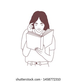 Cute young woman reading book or preparing for examination. Hand drawn portrait of smart girl, student or pupil with textbook hand drawn on white background. Realistic monochrome vector illustration.