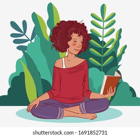 Cute young woman reading a book in the garden. Nature landscape background. Summer holidays illustration. Vacation time